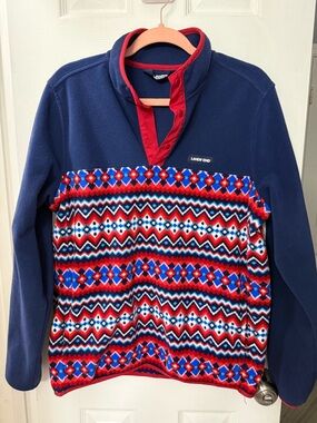 Lands' End Heritage Fleece Navy and Red Patterned Pullover, snap neck
